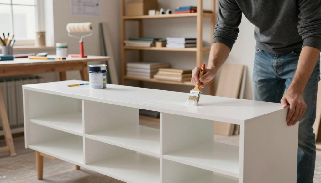 A well-lit workshop scene showcasing a DIY fireplace TV stand in the foreground, featuring an individual in modest casual clothing applying a smooth coat of paint with a brush, demonstrating surface preparation techniques. The middle ground shows various painting tools like rollers, brushes, and a can of paint, arranged neatly on a workbench. In the background, shelves filled with woodworking supplies and plans create an organized atmosphere. Soft, diffused natural light filters in through a nearby window, casting gentle shadows and highlighting the stand’s sleek edges. The overall mood is focused and industrious, emphasizing the craftsmanship involved in achieving a professional finish.