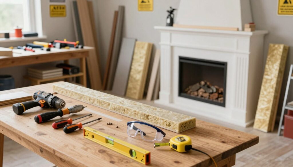 A well-lit workshop scene showcasing the essential tools and materials for fireplace insert installation. In the foreground, a wooden table displays tools such as a drill, screwdriver, level, tape measure, and safety goggles, neatly arranged. The middle ground features various materials like insulation, framing components, and the fireplace insert itself, partially installed in an elegant TV stand. In the background, a well-organized workshop with shelves filled with other tools, construction materials, and safety signs. Soft, natural lighting illuminates the workspace, creating a warm and inviting atmosphere. The camera angle captures a clear view of the workspace from slightly above, emphasizing the layout and organization of tools and materials for effective installation.