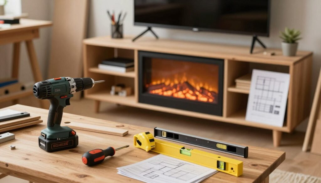A well-organized DIY workspace featuring an electric fireplace TV stand setup. In the foreground, display essential tools like a cordless drill, screwdriver, measuring tape, and level, neatly arranged on a wooden table. The middle ground showcases a partially assembled TV stand with a realistic electric fireplace insert, surrounded by pieces of hardware, wood panels, and a detailed installation manual. In the background, a well-lit workshop atmosphere with warm, ambient lighting, emphasizing a cozy and inviting mood. Use a soft focus lens to highlight the tools and materials, while slightly blurring the background to draw attention to the installation items. The overall atmosphere should reflect creativity and hands-on craftsmanship in a safe and professional environment. A well-organized DIY workspace featuring an electric fireplace TV stand setup. In the foreground, display essential tools like a cordless drill, screwdriver, measuring tape, and level, neatly arranged on a wooden table. The middle ground showcases a partially assembled TV stand with a realistic electric fireplace insert, surrounded by pieces of hardware, wood panels, and a detailed installation manual. In the background, a well-lit workshop atmosphere with warm, ambient lighting, emphasizing a cozy and inviting mood. Use a soft focus lens to highlight the tools and materials, while slightly blurring the background to draw attention to the installation items. The overall atmosphere should reflect creativity and hands-on craftsmanship in a safe and professional environment.