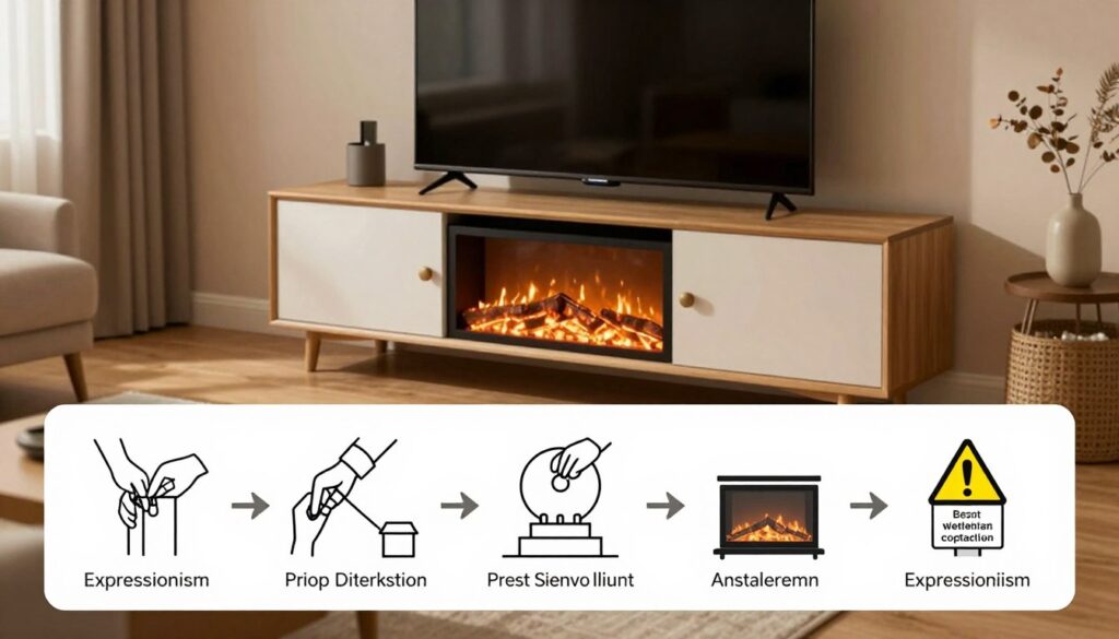 A well-organized installation guide for a fireplace TV stand, set in a cozy living room. In the foreground, a detailed diagram showing step-by-step installation instructions, including safety tips like proper weight distribution and distance from the fireplace. The middle ground features a stylish fireplace TV stand holding a television, with subtle arrows and labels highlighting the best installation practices. The background shows a soft-lit room with a warm ambiance, accentuated by a glowing fireplace and comfortable furniture. The lighting is soft and inviting, enhancing the safety and comfort theme. The overall mood is informative and reassuring, focusing on creating a safe and stylish atmosphere for homeowners. No text or branding visible.