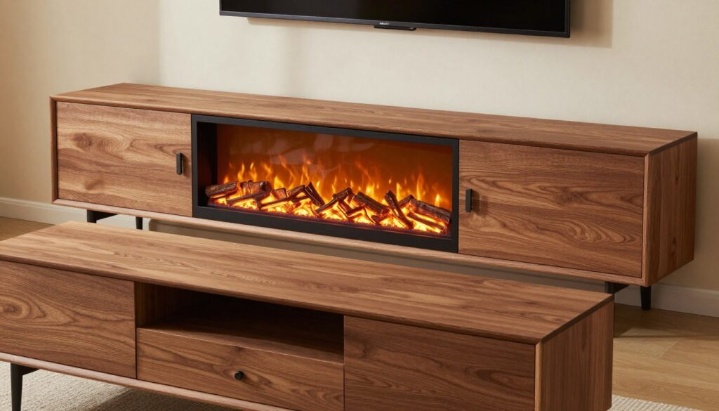 A well-organized, step-by-step display of a modern TV console integrated with a fireplace electric insert. In the foreground, show the console partially assembled, showcasing detailed wood grain textures and metal hardware. The middle ground features an electric fireplace inset with realistic flame effects, glowing warmly. Behind the console, a clean wall with subtle lighting emphasizes depth, adding to the cozy atmosphere. Use soft, natural lighting to create a welcoming mood, with a focus on the textures and craftsmanship of the console. Capture the scene from a slightly elevated angle to highlight both the fireplace and the TV stand's features, ensuring a clear view without any distractions. The overall setting is tranquil and inviting, perfect for a home environment.