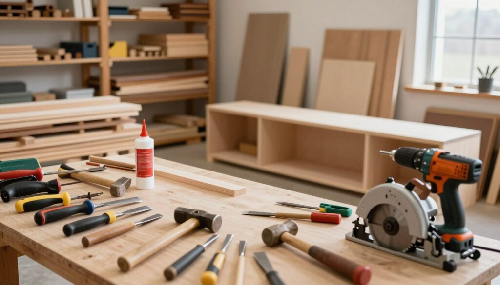 A well-organized workshop space showcasing a variety of woodworking tools and materials for building a fireplace entertainment center. In the foreground, neatly arranged hand tools like chisels, hammers, and clamps alongside power tools such as a circular saw and a drill. The middle ground features stacks of lumber in different sizes, wood glue, and a partially assembled TV stand with a fireplace insert being crafted. In the background, shelves filled with finished projects and wood storage create a warm, productive atmosphere. Soft, natural light streams through a nearby window, illuminating the workspace with a sense of inspiration and creativity. Focus on a tabletop scene composed at eye level, inviting the viewer into the woodworking process.