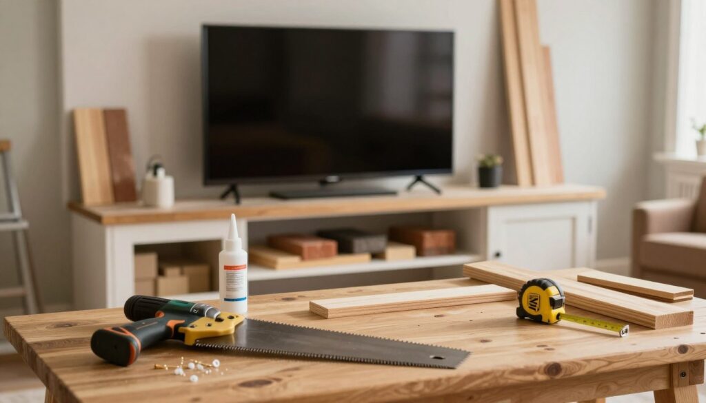 A well-organized workspace showcasing essential tools and materials for building a fireplace TV cabinet. In the foreground, a saw, drill, measuring tape, and wood glue are neatly arranged on a wooden workbench. The middle section features various types of wood planks, bricks, and a modern flat-screen TV, all strategically positioned to suggest construction in progress. In the background, a partially built fireplace structure adds depth, while soft, warm lighting creates a cozy atmosphere reminiscent of a home setting. Capture this scene with a shallow depth of field, focusing on the tools and materials while softly blurring the background. The overall mood should feel inviting and inspiring, showcasing craftsmanship and creativity in a home improvement project. A well-organized workspace showcasing essential tools and materials for building a fireplace TV cabinet. In the foreground, a saw, drill, measuring tape, and wood glue are neatly arranged on a wooden workbench. The middle section features various types of wood planks, bricks, and a modern flat-screen TV, all strategically positioned to suggest construction in progress. In the background, a partially built fireplace structure adds depth, while soft, warm lighting creates a cozy atmosphere reminiscent of a home setting. Capture this scene with a shallow depth of field, focusing on the tools and materials while softly blurring the background. The overall mood should feel inviting and inspiring, showcasing craftsmanship and creativity in a home improvement project.