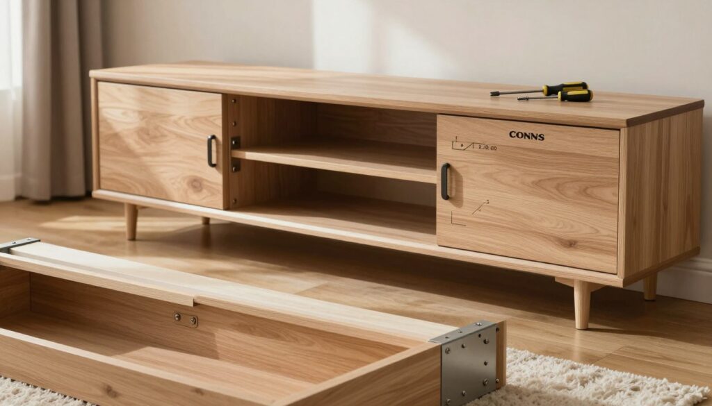 A well-structured assembly frame of a Conns fireplace TV stand, prominently displayed as the central element. The foreground features detailed close-ups of the frame components, showcasing wooden panels and metal brackets with precise hardware. In the middle ground, visualize the partially assembled TV stand, with clear indicators of assembly steps and tools like a screwdriver and screws placed nearby. The background consists of a softly lit living room setting, hints of a cozy atmosphere, with a warm color palette that evokes comfort. The image should capture a sense of organization and methodical assembly, with natural light coming through a nearby window, creating gentle shadows around the frame structure. Focus on clarity and detail, ensuring no text or distractions interfere with the assembly process being depicted. A well-structured assembly frame of a Conns fireplace TV stand, prominently displayed as the central element. The foreground features detailed close-ups of the frame components, showcasing wooden panels and metal brackets with precise hardware. In the middle ground, visualize the partially assembled TV stand, with clear indicators of assembly steps and tools like a screwdriver and screws placed nearby. The background consists of a softly lit living room setting, hints of a cozy atmosphere, with a warm color palette that evokes comfort. The image should capture a sense of organization and methodical assembly, with natural light coming through a nearby window, creating gentle shadows around the frame structure. Focus on clarity and detail, ensuring no text or distractions interfere with the assembly process being depicted.