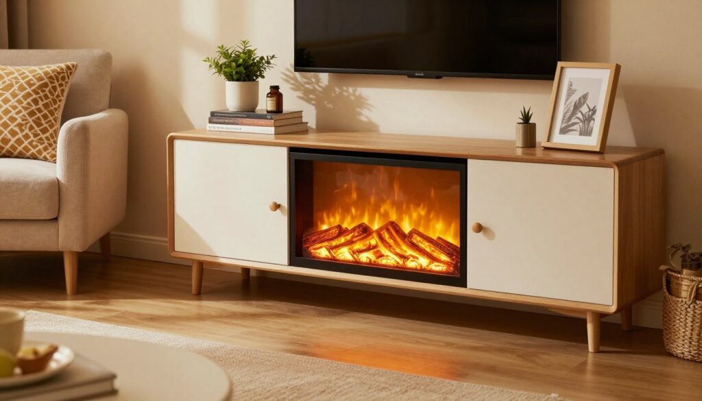 An electric fireplace TV stand in a cozy living room setting, showcasing both pros and cons. In the foreground, a modern electric fireplace with a warm glow, casting inviting light; the colors are rich, with hints of orange and yellow. In the middle, a stylish TV stand featuring the fireplace, surrounded by neatly placed decor items like books, plants, and picture frames. In the background, soft furniture like a plush couch and decorative throw pillows, with ambient lighting that creates a warm and comfortable atmosphere. The scene should evoke a sense of warmth and homeliness while subtly hinting at potential drawbacks, like limited heating capacity or maintenance challenges, reflected in the layout and condition of items. Use natural light to enhance the inviting feel, captured from a slight angle for depth.