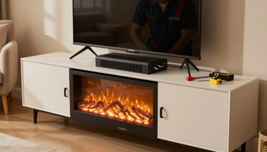 An electric fireplace mounted on a stylish Conns TV stand, showcasing a detailed ventilation and heat distribution system. In the foreground, a sleek electric fireplace is seamlessly integrated into the stand, with visible vents positioned strategically above and below the fireplace. The middle layer features a technician in professional attire, inspecting the ventilation setup, ensuring proper airflow and efficiency, with tools laid out beside them. The background shows a cozy living room ambiance with warm lighting, accentuating the fireplace, and plush furniture. Soft shadows play on the walls, creating a welcoming atmosphere. The camera angle captures an oblique perspective, highlighting both the fireplace and the ventilation system clearly. An electric fireplace mounted on a stylish Conns TV stand, showcasing a detailed ventilation and heat distribution system. In the foreground, a sleek electric fireplace is seamlessly integrated into the stand, with visible vents positioned strategically above and below the fireplace. The middle layer features a technician in professional attire, inspecting the ventilation setup, ensuring proper airflow and efficiency, with tools laid out beside them. The background shows a cozy living room ambiance with warm lighting, accentuating the fireplace, and plush furniture. Soft shadows play on the walls, creating a welcoming atmosphere. The camera angle captures an oblique perspective, highlighting both the fireplace and the ventilation system clearly.