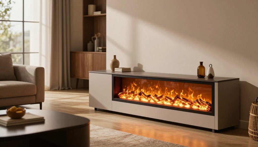 An elegant electric fireplace TV console, positioned prominently in a modern living room, showcasing its functionality. In the foreground, a stylish, minimalist TV console features a realistic electric flame effect, glowing warmly. The console is accentuated by ambient lighting that reflects off sleek surfaces. In the middle ground, a comfortable sofa and tasteful decor pieces create a cozy atmosphere, inviting relaxation. In the background, large windows allow soft natural light to stream in, enhancing the room’s charm. The space combines contemporary and rustic elements, highlighting the versatility of the fireplace console in different room styles. The overall mood is warm, welcoming, and stylish, ideal for illustrating the effectiveness of electric fireplaces. Use a wide-angle lens to capture a comprehensive view, emphasizing depth and perspective. An elegant electric fireplace TV console, positioned prominently in a modern living room, showcasing its functionality. In the foreground, a stylish, minimalist TV console features a realistic electric flame effect, glowing warmly. The console is accentuated by ambient lighting that reflects off sleek surfaces. In the middle ground, a comfortable sofa and tasteful decor pieces create a cozy atmosphere, inviting relaxation. In the background, large windows allow soft natural light to stream in, enhancing the room’s charm. The space combines contemporary and rustic elements, highlighting the versatility of the fireplace console in different room styles. The overall mood is warm, welcoming, and stylish, ideal for illustrating the effectiveness of electric fireplaces. Use a wide-angle lens to capture a comprehensive view, emphasizing depth and perspective.