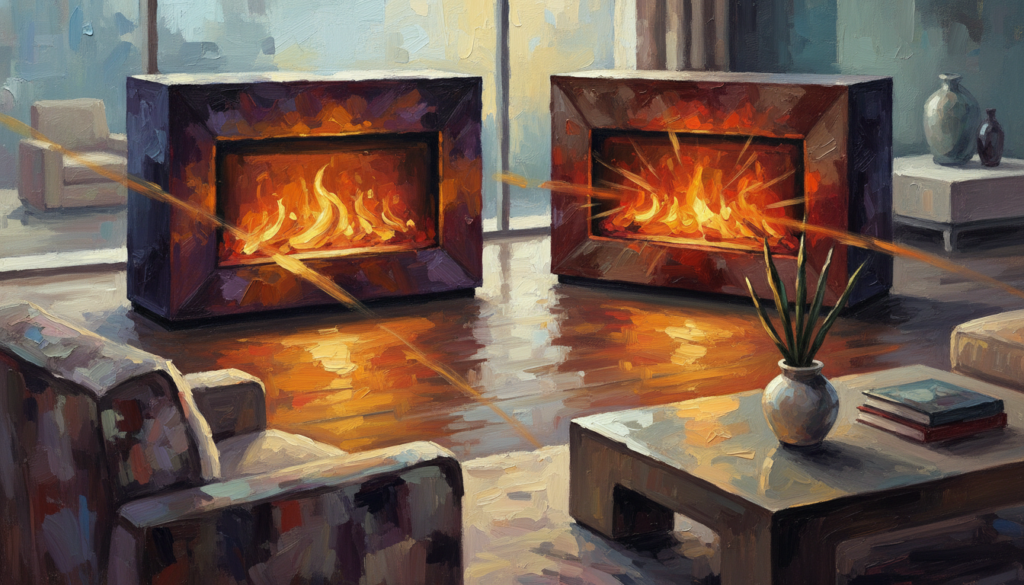 An elegant living room interior showcases two distinct electric fireplace TV stands side by side. On the left, a flame-only model displays a realistic, animated flame effect with soft, ambient lighting, creating a warm yet safe atmosphere. On the right, a heated model features a glowing hearth with visible heat output, all rendered in a cozy, inviting setting. The foreground highlights the texture of the furniture and subtle details like decorative plants. The middle ground emphasizes the contrasting models, while the background softly blends into a blurred view of a modern, stylish home. The lighting is warm and inviting, enhancing the safety and comfort vibe of the space, captured from a slightly elevated angle to provide depth.