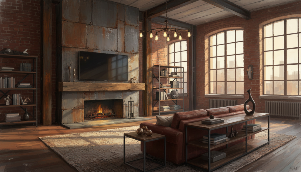 An industrial-style fireplace, featuring a striking combination of raw metal and warm wood elements, takes center stage. In the foreground, the fireplace exudes a rustic charm with exposed steel beams and a wooden mantel crafted from reclaimed timber. Above it, a large, flat-screen TV complements the industrial aesthetic. In the midground, the living area displays a cozy setup with a leather sofa and metal shelving. The background reveals an open space with brick walls and large windows that allow natural light to flood the room. The scene is bathed in warm, inviting lighting that creates a welcoming atmosphere. A wide-angle lens captures the entire setting, enhancing the spacious feel while maintaining a focus on the fireplace as the centerpiece of industrial chic design.