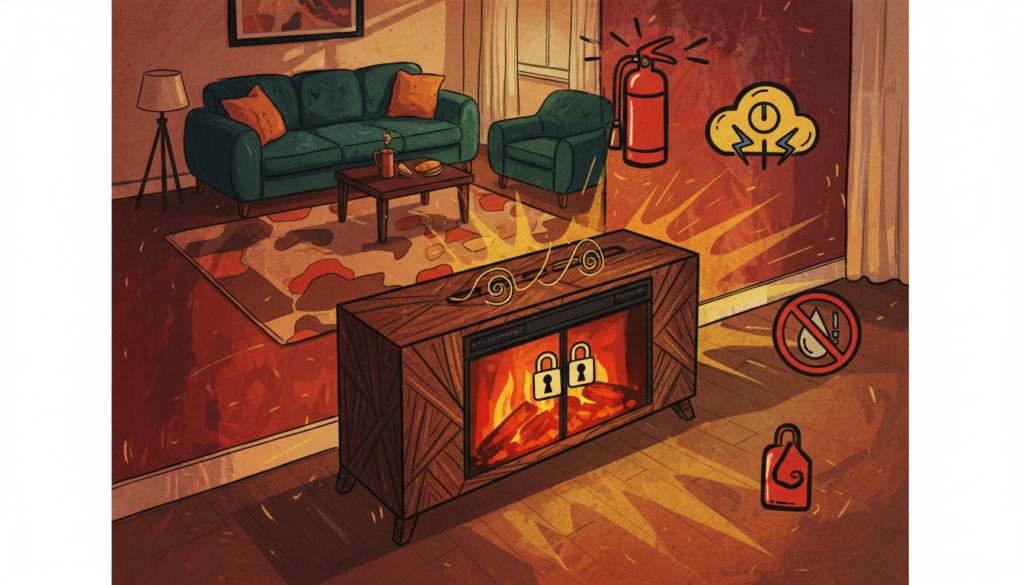 An informative and visually engaging illustration focusing on safety guidelines for electric fireplace media consoles. In the foreground, a detailed view features a well-designed electric fireplace media console, highlighting essential safety features like child locks and proper ventilation. In the middle ground, safety icons are depicted, such as fire extinguishers and smoke detectors, arranged neatly around the console to emphasize precautionary measures. The background showcases a cozy living room setting, with warm lighting emanating from the fireplace, creating a safe and inviting atmosphere. The angle should be slightly elevated, capturing both the console and safety elements vividly. The overall mood is educational yet inviting, reinforcing the idea of safety in home decor without any text or distractions.