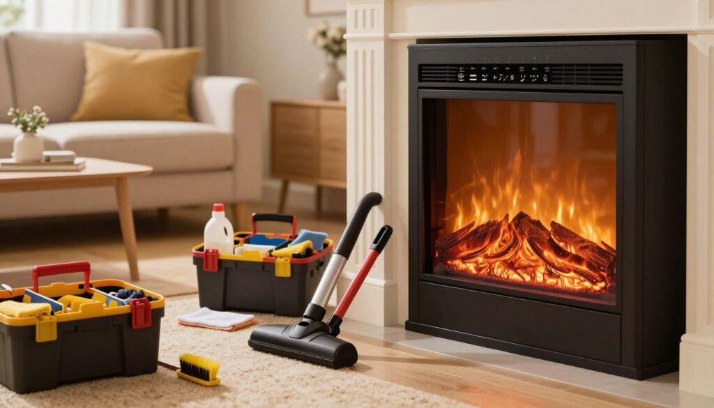 An informative and visually engaging illustration of an electric fireplace insert in a cozy living room setting, showcasing maintenance tips. In the foreground, a close-up view of an electric fireplace insert, emphasizing its controls and removable screen for easy cleaning. In the middle ground, a well-organized toolkit with cleaning supplies, like a soft cloth, vacuum, and a small brush, effectively placed beside the fireplace. The background features a warmly lit room with a comfortable sofa and decorative elements, creating a homey atmosphere. Soft lighting enhances the warmth of the scene, while a slight depth of field focuses on the fireplace and maintenance tools. The overall mood is inviting and educational, emphasizing the importance of maintaining the fireplace’s performance.