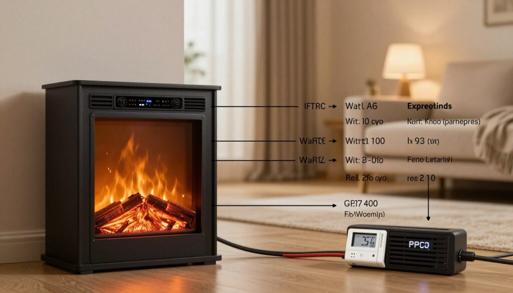 An informative illustration showcasing how electric fireplace inserts work, focused on power requirements and electrical specifications. In the foreground, depict a sleek, modern electric fireplace insert with glowing LED flames, highlighting its main components like the heating element and thermostat. The middle ground should show a diagram with labeled power connections, emphasizing wattage and voltage specifications, portrayed in a technical style. The background features a cozy living room setting, softly lit with warm lighting to create an inviting atmosphere. Utilize a focal lens effect to draw attention to the fireplace, with a slight blur on the background elements to enhance clarity. The overall mood should be educational yet inviting, illustrating the practical aspects of electric fireplace inserts in a contemporary home.