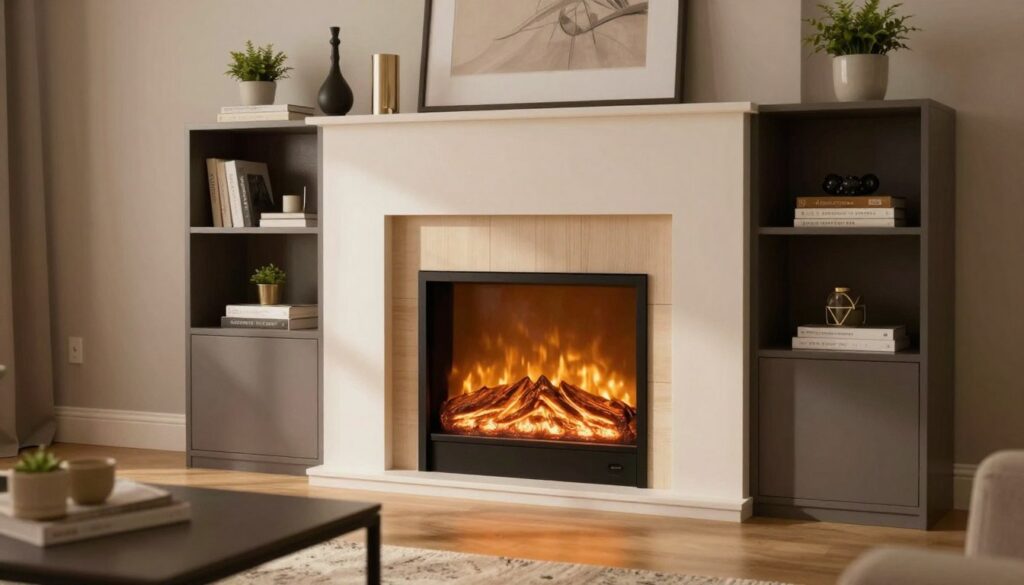 An interior scene showcasing a stylish entertainment unit with an electric fireplace removed, revealing the empty space where the fireplace was. The foreground features a modern living room setting, with a sleek TV stand and decorative items like books and plants, neatly arranged on the shelves. In the middle ground, focus on the now-open space of the unit, partially covered with a subtle wooden panel and a decorative piece to mask the opening. The background displays a cozy, well-lit room with warm, ambient lighting casting soft shadows, enhancing the inviting atmosphere. Use a wide-angle lens to capture the depth of the space while maintaining clarity on details, creating a sense of warmth and home comfort.