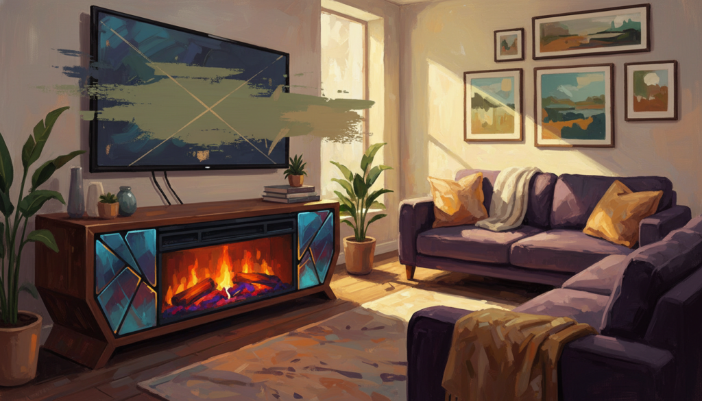 An inviting living room featuring a modern electric fireplace TV stand with built-in safety features. In the foreground, the sleek, stylish TV stand made from high-quality materials like tempered glass and sturdy wood, presenting a warm electric flame flickering in the fireplace below. The middle ground showcases a large wall-mounted TV above the fireplace, cables neatly concealed, emphasizing a clean aesthetic. Soft ambient lighting illuminates the scene, casting a cozy glow throughout the room. In the background, a plush sofa draped with a throw blanket and tasteful decor elements like potted plants and framed art pieces contribute to a welcoming atmosphere. The angle is slightly elevated, capturing the full dimensionality of the furniture while maintaining focus on safety features.