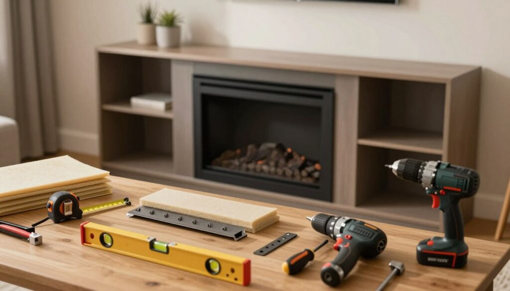 An organized workspace showcasing tools and materials for installing a fireplace insert in an entertainment center. In the foreground, a wooden table displays essential installation tools such as a tape measure, screwdriver, level, and drill, alongside various materials like fireproof insulation and brackets. In the middle ground, a sleek, modern entertainment center holds an empty space designed for a fireplace insert, highlighting the installation area. The background features soft ambient lighting that creates a warm, inviting atmosphere, simulating a home environment. Captured from a slightly elevated angle, the image conveys a sense of preparation and focus, emphasizing a DIY aesthetic with a hint of professionalism.