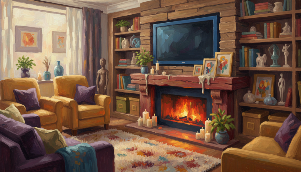 Create a cozy and stylish living room scene featuring a beautifully designed fireplace TV unit. In the foreground, showcase an arrangement of accessories like decorative candles, small potted plants, and framed artwork on the mantel. The middle section should display a flat-screen TV mounted above the fireplace, neatly integrating the unit with shelves filled with books, decorative boxes, and a few elegant sculptures. The background should include a warm, softly lit room with comfortable furniture and a gentle glow from the fireplace, creating a welcoming atmosphere. Use soft, diffused lighting to enhance the inviting mood, and capture the image from a slightly elevated angle to provide a comprehensive view of the accessory placement strategy.