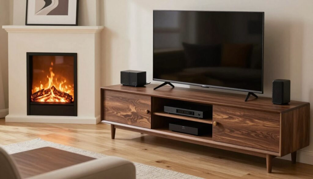 In a modern living room setting, a stylish TV stand with a contemporary design houses a flat-screen television and electronic devices, strategically positioned away from a cozy electric fireplace. The foreground features a sleek, dark wood TV stand with neatly organized electronics, illuminated softly by the warm glow of the fireplace. In the middle ground, the flickering flames of the electric fireplace emit a gentle light, casting soft shadows and creating a cozy atmosphere. The background includes a tastefully decorated wall with minimalist artwork, enhancing the modern aesthetic. The scene is bright and inviting, capturing the essence of comfort while ensuring the safety of electronics from heat exposure. The composition should be shot from a slightly elevated angle, creating a sense of depth and balance.