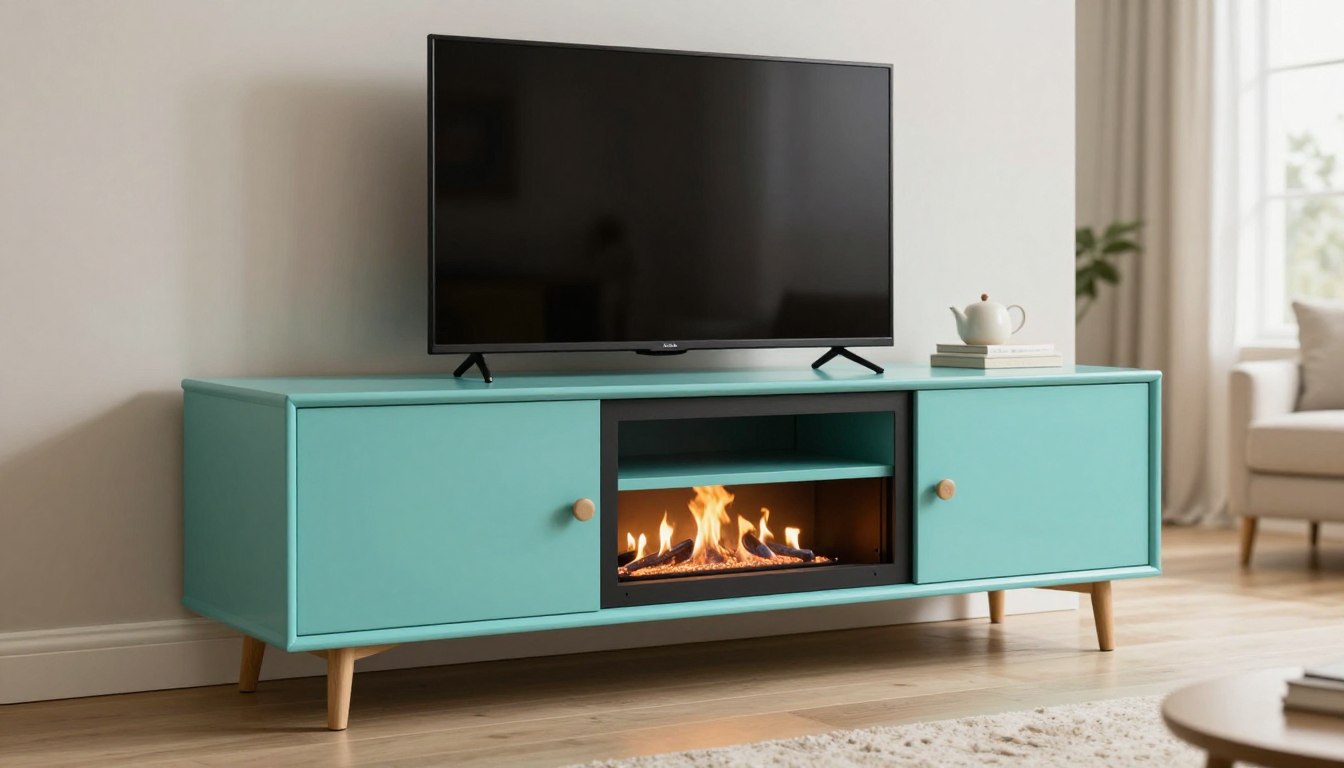 a turquoise tv stand with fireplace