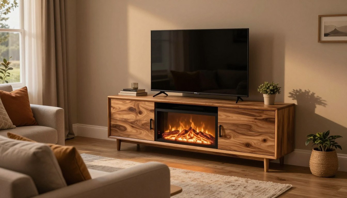 a tv stand with a fireplace