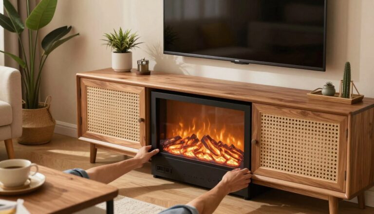 how to insert electric fireplace in tv stand